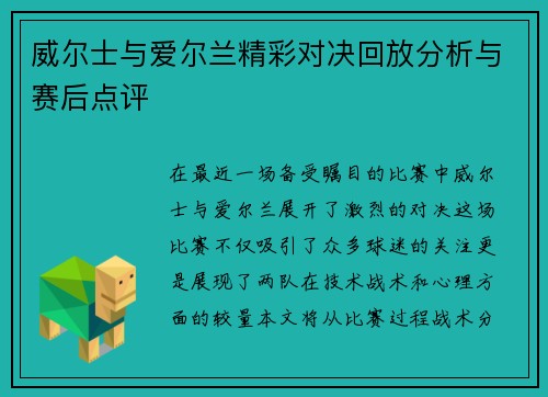 威尔士与爱尔兰精彩对决回放分析与赛后点评