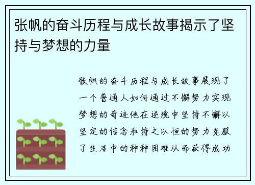 张帆的奋斗历程与成长故事揭示了坚持与梦想的力量